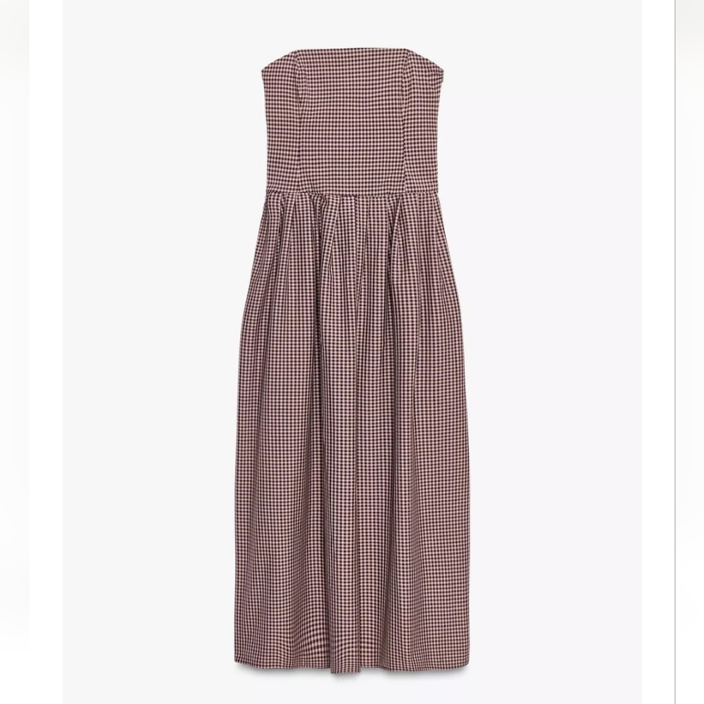 ZARA GINGHAM STRAPLESS MIDI DRESS | DARK PINK | 4661/229/664 | SIZE MEDIUM